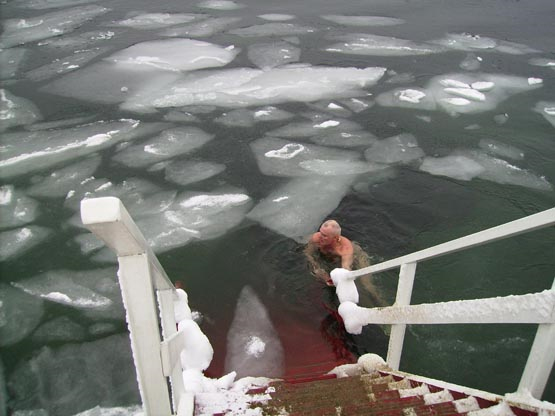 vinterbadande man simmar mellan stora isflak